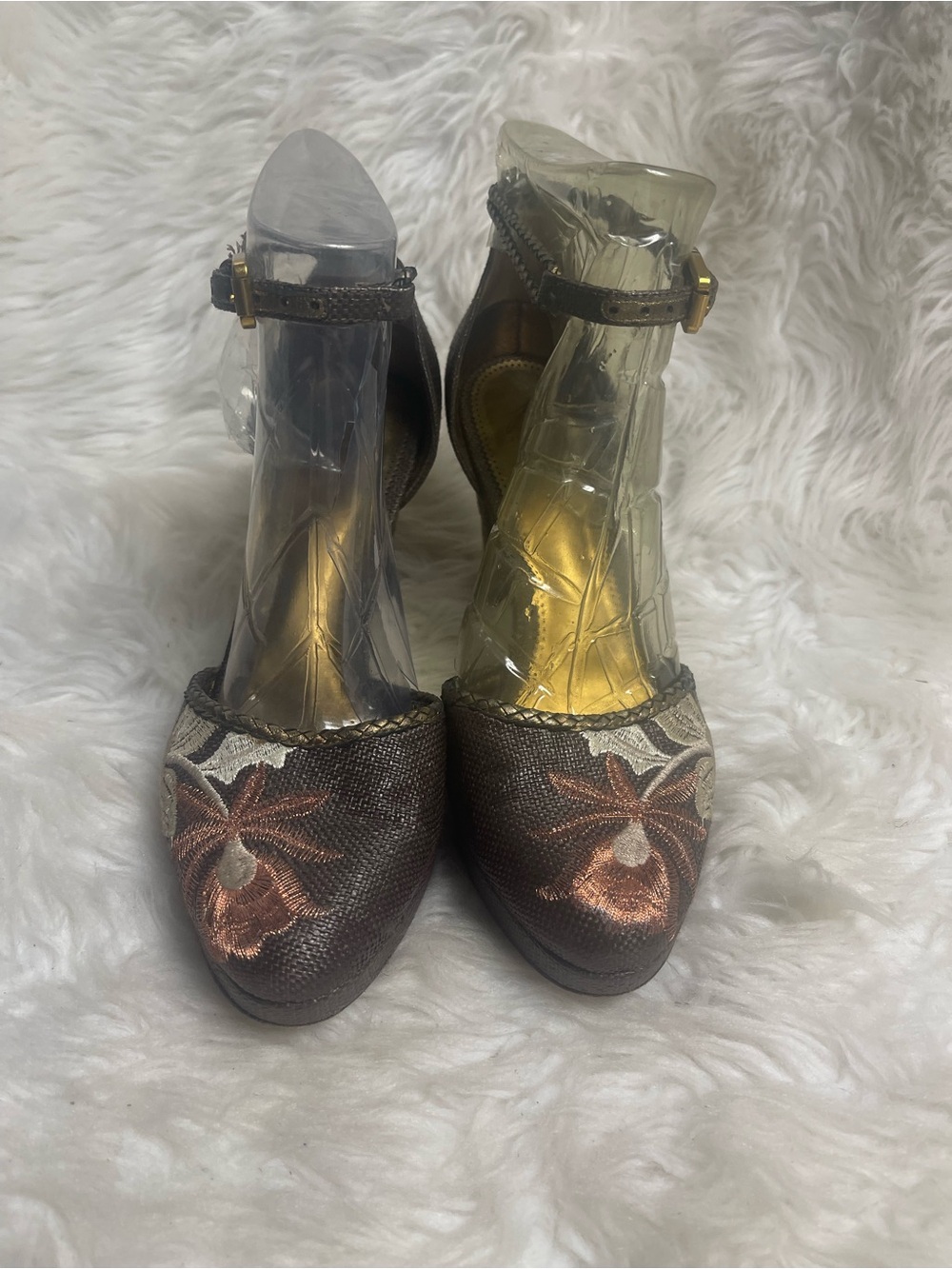 J Vincent Brown woven textile Floral embroidery Ankle leather strap  Heels SZ9.5